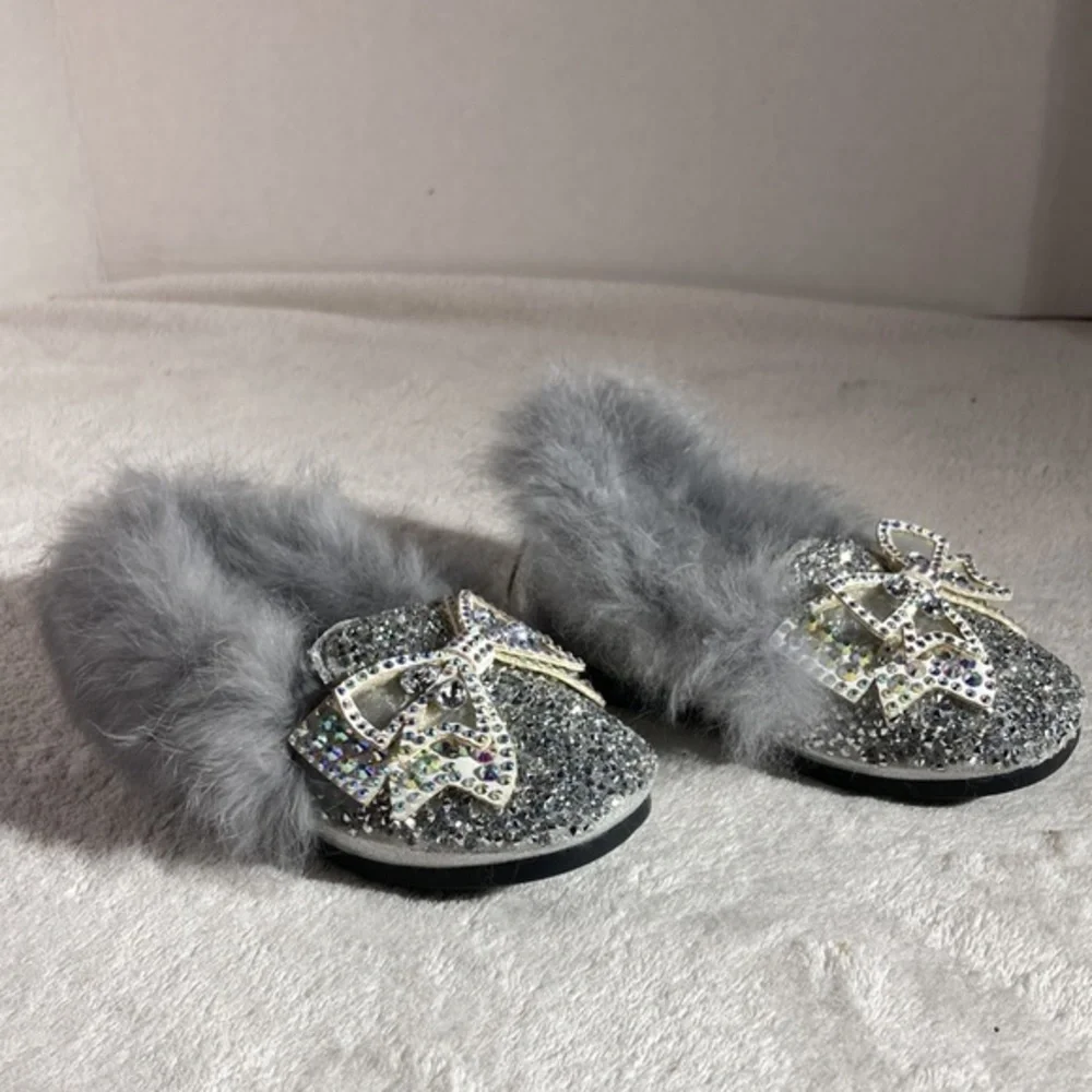 Princess Rhinestone Bow Winter Flats in Silver